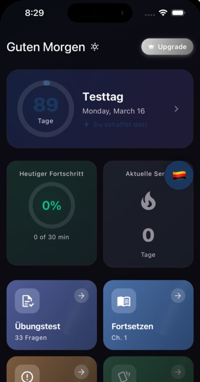 The home screen of Einbürgerungstest bestehen in German: Guten Morgen, 89 days to the test day on Monday 16 March, today's progress 0 of 30 minutes, a streak counter, and tiles for a 33-question practice test and for continuing chapter 1