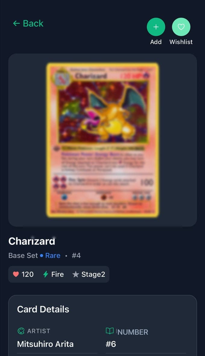Eine Kartenseite in TCG Card Scanner nach dem Scan, englische Oberfläche: ein Glurak (Charizard) aus dem Base Set, Rare, Nummer 4, 120 KP, Typ Feuer, Phase 2, mit dem Illustrator Mitsuhiro Arita und der Kartennummer unter Card Details sowie Schaltflächen Add und Wishlist