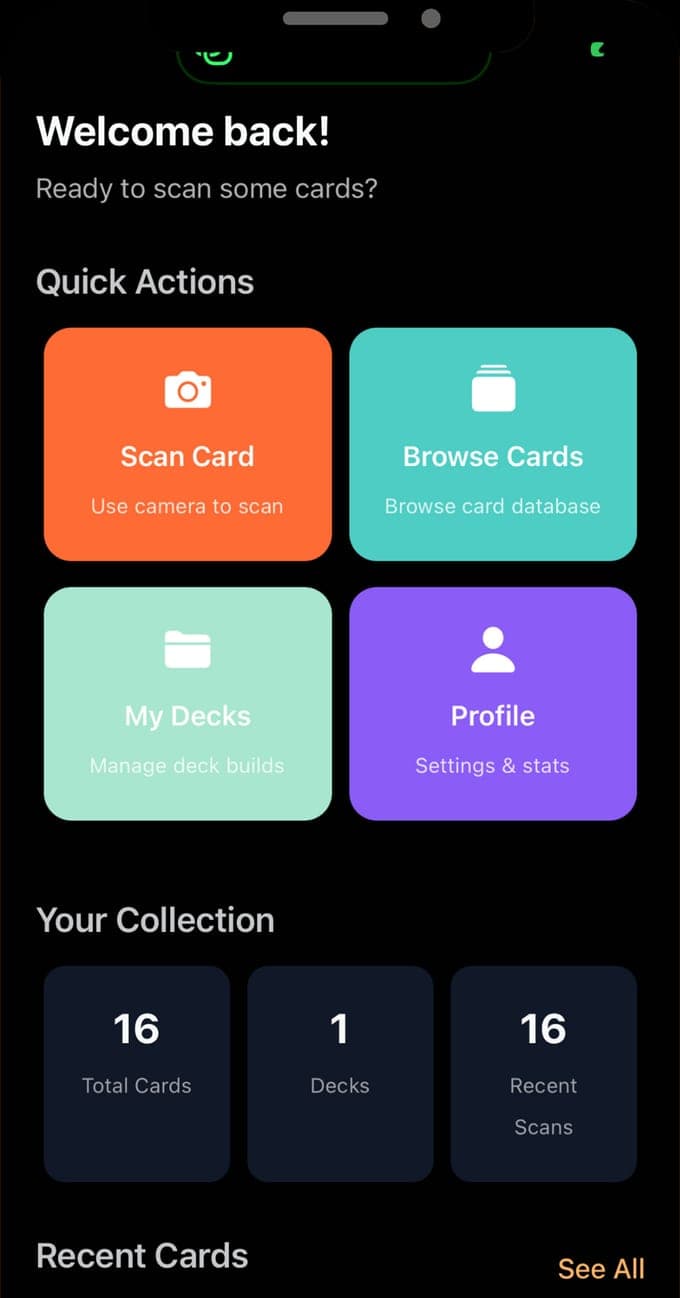 Der Startbildschirm von Yu-Gi-Oh Card Scanner, englische Oberfläche: Welcome back, Schnellaktionen für Scan Card, Browse Cards, My Decks und Profile, und Your Collection mit 16 Karten, 1 Deck und 16 letzten Scans